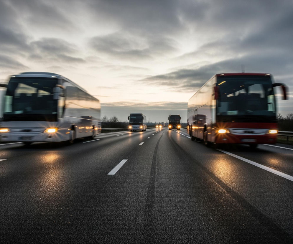 Szeroką autostradę o wielu pasach ruchu, po której porusza się kilka autobusów. Dwa duże autokary, jeden biały po lewej i jeden czerwony po prawej, jadą w kierunku patrzącego, ich włączone światła rozświetlają ciemny asfalt. W tle, na środkowym pasie, widać trzy kolejne, ciemne autobusy z zapalonymi światłami, tworzące smugę światła. Droga ma po trzy pasy w każdym kierunku, oddzielone białymi, przerywanymi liniami, a pomiędzy pasami ruchu w przeciwnych kierunkach znajduje się szeroki pas zieleni. Po obu stronach autostrady rosną rzadkie drzewa, a w oddali rozciąga się zachmurzone niebo w odcieniach szarości i błękitu, z jaśniejszym, rozmazanym światłem horyzontu.