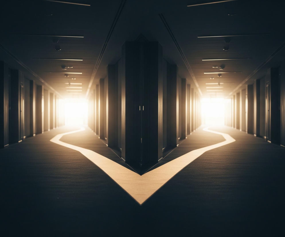 Centralna kompozycja przedstawia symetryczny obraz dwóch ciemnych korytarzy, łączących się u dołu w spiczasty kształt, przypominający strzałkę skierowaną w głąb. Podłoga obu korytarzy jest ciemna, a na jej powierzchni, od miejsca złączenia, wije się jasna, falista linia, prowadząca do intensywnie świecącego, białego światła na końcu każdego z korytarzy. Ściany i drzwi po obu stronach korytarzy są w odcieniach ciemnego brązu i czerni, tworząc wrażenie głębi i tajemniczości, z subtelnie widocznymi elementami architektonicznymi. Górna część obrazu, czyli sufit, również jest bardzo ciemna, z pojedynczymi, poziomymi elementami świetlnymi lub dekoracyjnymi.