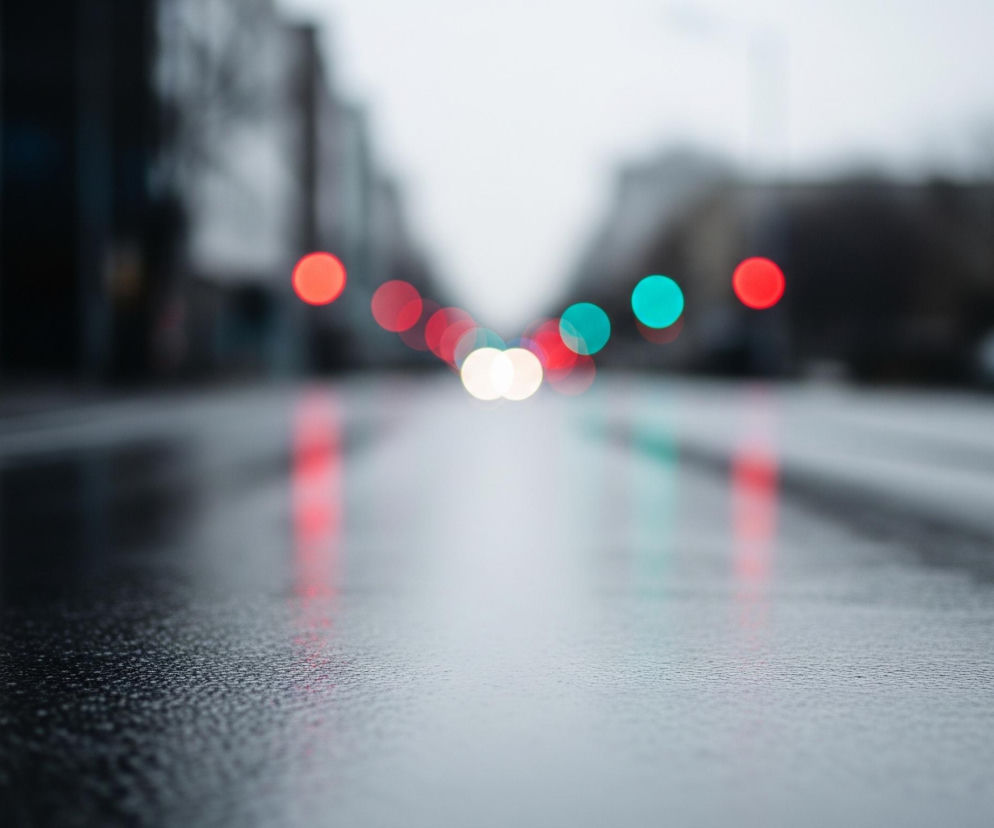 Asfaltowa droga, pokryta licznymi kroplami deszczu, rozciąga się w centrum kadru, tworząc odbicia świetlne. Z boku jezdni widać rozmyte, ciemne sylwetki budynków, które stają się jaśniejsze ku górze obrazu. Wzdłuż drogi rozmieszczone są liczne, kolorowe punkty świetlne, przypominające światła samochodów lub sygnalizatorów drogowych, w odcieniach czerwieni, bieli i turkusu. Światła te rozciągają się w głąb obrazu, a ich odbicia są również widoczne na mokrej nawierzchni.