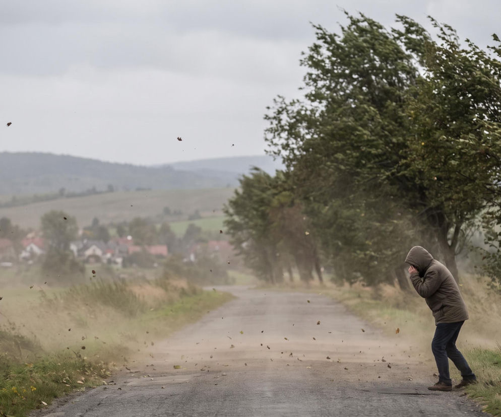 Osoba w kapturze na drodze podczas wichury na Dolnym Śląsku. O alertach RCB w regionie przeczytasz na Eska.