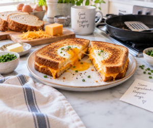 Wycinam środek kromki i wbijam tam jajko. Zwykły tost z serem zmienia się w konkretne śniadanie