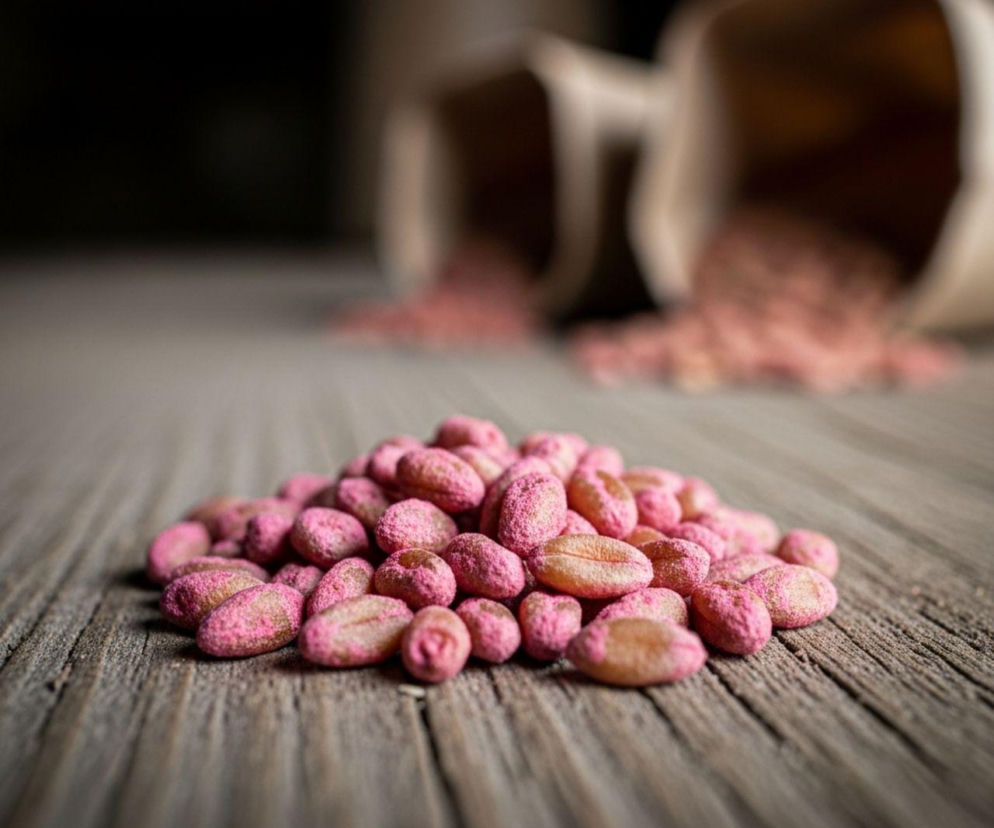 Stos nasion zbóż jarych, pokrytych różową zaprawą nasienną, na drewnianym stole. W tle, rozsypane nasiona z papierowych torebek, symbolizują wycofywanie substancji z rynku. Przeczytaj o wpływie na rolnictwo na Super Biznes.