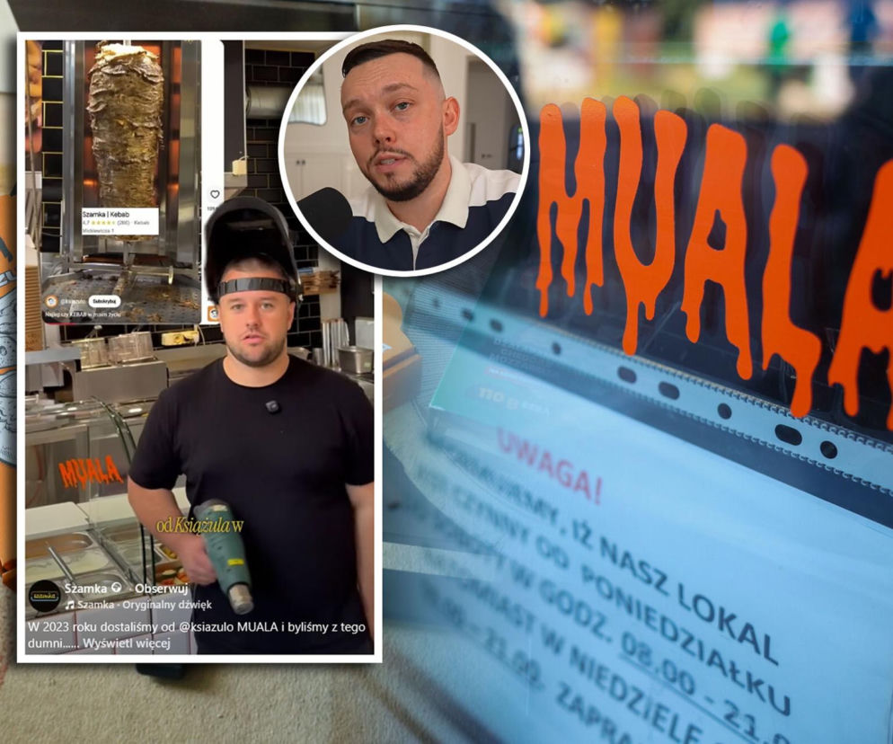 Pomarańczowy napis Muala na szybie. Obok miniatury z Książulem i zdejmującym naklejkę. Więcej przeczytasz na Eska Poznań.