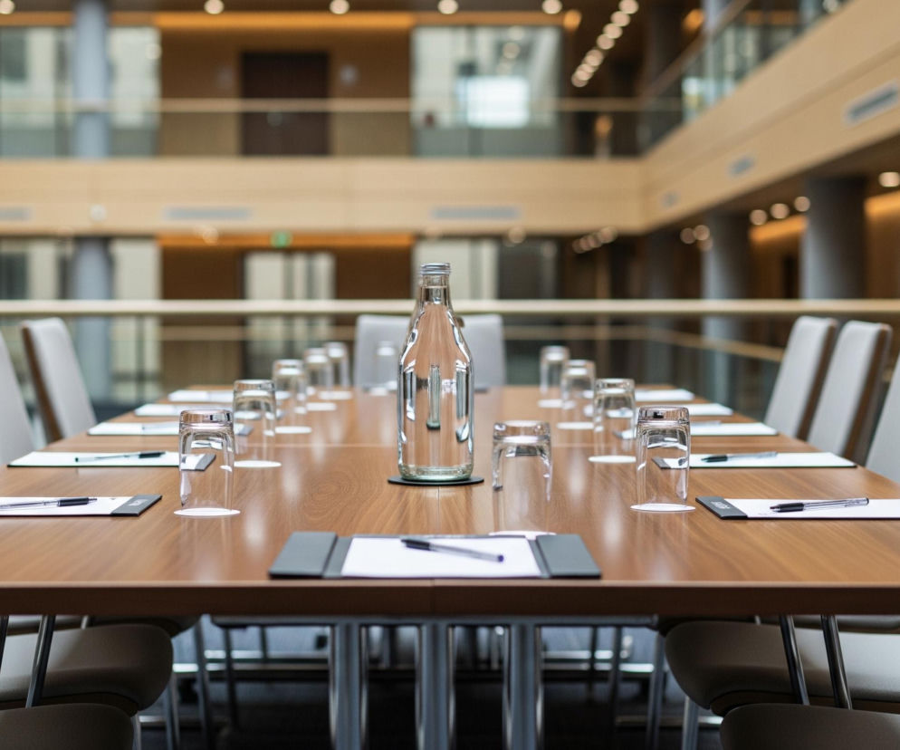 Długi, drewniany stół konferencyjny rozciąga się przez centrum kadru, ustawiony prostopadle do widza. Na stole stoi rządek pustych, szklanych butelek i szklanek, a także białe kartki papieru z długopisami, rozmieszczone symetrycznie. Po obu stronach stołu widać szare, tapicerowane krzesła z jasnymi, drewnianymi ramami. W tle znajduje się przestronne, nowoczesne wnętrze z elementami drewna, szkła i metalu, oświetlone punktowymi lampami sufitowymi.