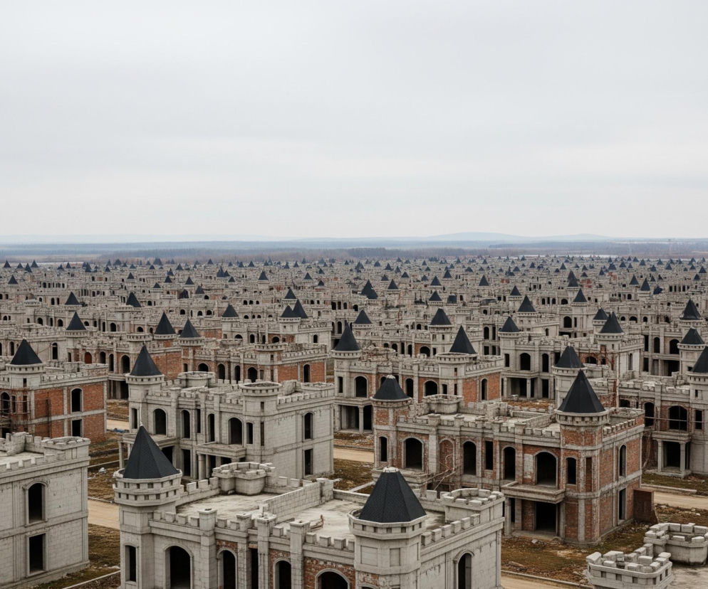 Obszerny widok ukazuje rozległą, jednolitą zabudowę przypominającą zamki, rozmieszczoną gęsto na płaskim terenie. Każdy budynek ma szare, kamienne fasady z blankami na dachach i okrągłymi wieżyczkami zakończonymi spiczastymi, czarnymi stożkowymi dachami. Wiele konstrukcji ukazuje czerwoną cegłę wewnątrz otworów okiennych i drzwiowych, co wskazuje na niedokończone budowy, a pomiędzy nimi widać brudne, gruntowe drogi. Horyzont zamyka pasmo zalesionych terenów i delikatne zarysy odległych wzgórz, wszystko pod jednolitym, szarym, zachmurzonym niebem.