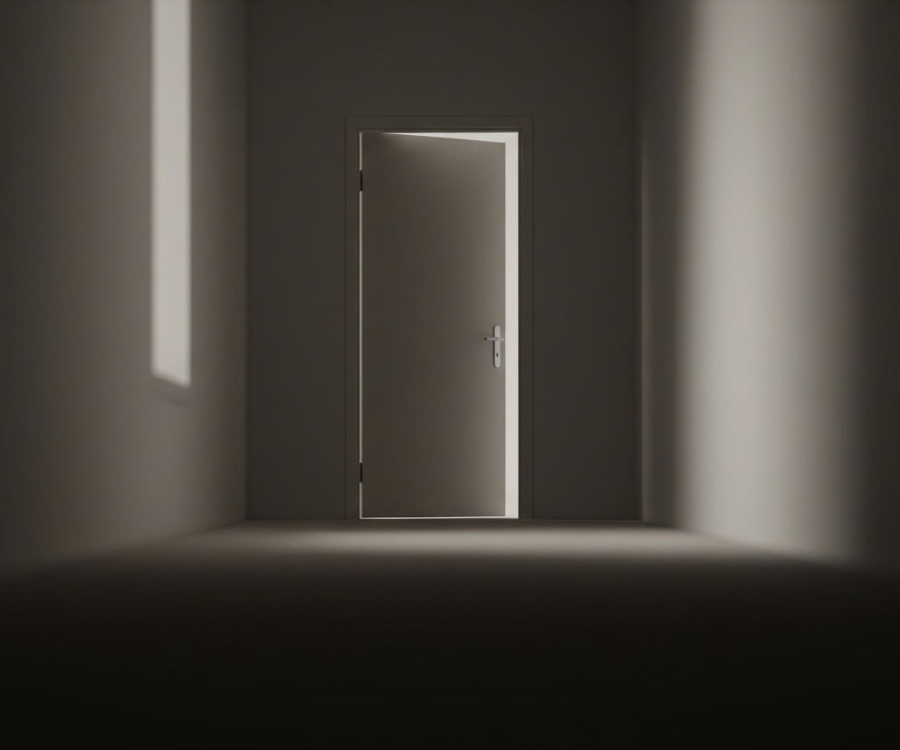 W centrum ciemnego pomieszczenia znajduje się lekko uchylone drzwi, zza których wydobywa się jasne, białe światło. Pomieszczenie, o ciemnych ścianach i podłodze w odcieniach szarości i brązu, jest częściowo oświetlone wąskimi smugami światła padającymi z góry po lewej i prawej stronie, co tworzy wyraźne kontrasty. Dominują stonowane barwy, głównie różne odcienie szarości, czerni i ciepłej bieli. Całość sprawia wrażenie tajemniczości i prowadzi wzrok w kierunku źródła światła, czyli uchylonych drzwi.