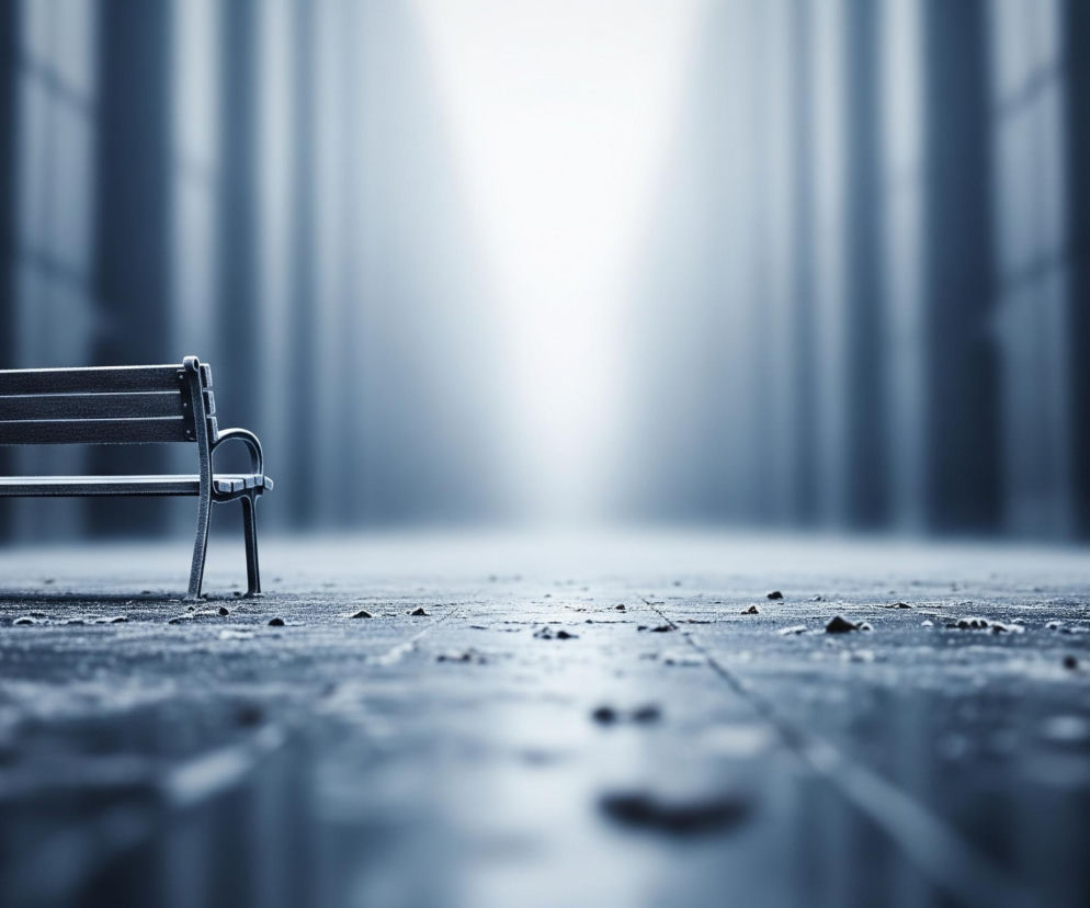 Czarno-szara ławka, pokryta lekką warstwą szronu, stoi na szorstkiej, betonowej posadzce z widocznymi ziarenkami piasku i kurzu. Tło stanowią ciemne, pionowe kształty budynków lub murów, rozjaśniające się ku centrum obrazu, gdzie dominuje intensywne, białe światło, tworząc wrażenie głębi i zamglenia. Scena utrzymana jest w chłodnych odcieniach szarości, błękitu i bieli, z niewielką głębią ostrości, skupioną na ławce i bezpośrednio przed nią.