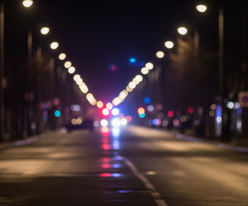 Droga miejska rozciąga się w głąb kadru, tworząc perspektywę zbiegającą się ku centrum. Po obu stronach ulicy widać rzędy latarni ulicznych, emitujących ciepłe, żółte światło, które tworzy rozmyte, okrągłe kręgi światła odbijające się od mokrej nawierzchni jezdni. Na środku ulicy, w tle, widoczne są rozmyte światła pojazdów: białe światła z przodu i czerwone światła z tyłu, z wyraźnie wyróżniającymi się niebieskimi światłami sygnalizacyjnymi, prawdopodobnie policyjnymi. Ciemne tło nocy kontrastuje z licznymi kolorowymi punktami światła, tworząc bokeh.