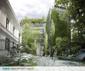 Firma Green Property Group buduje biurowiec Szucha Corner w Warszawie. Wizualizacja elewacji zachodniej porośniętej bluszczem. Autorem projektu nowej inwestycji jest Bolesław Stelmach