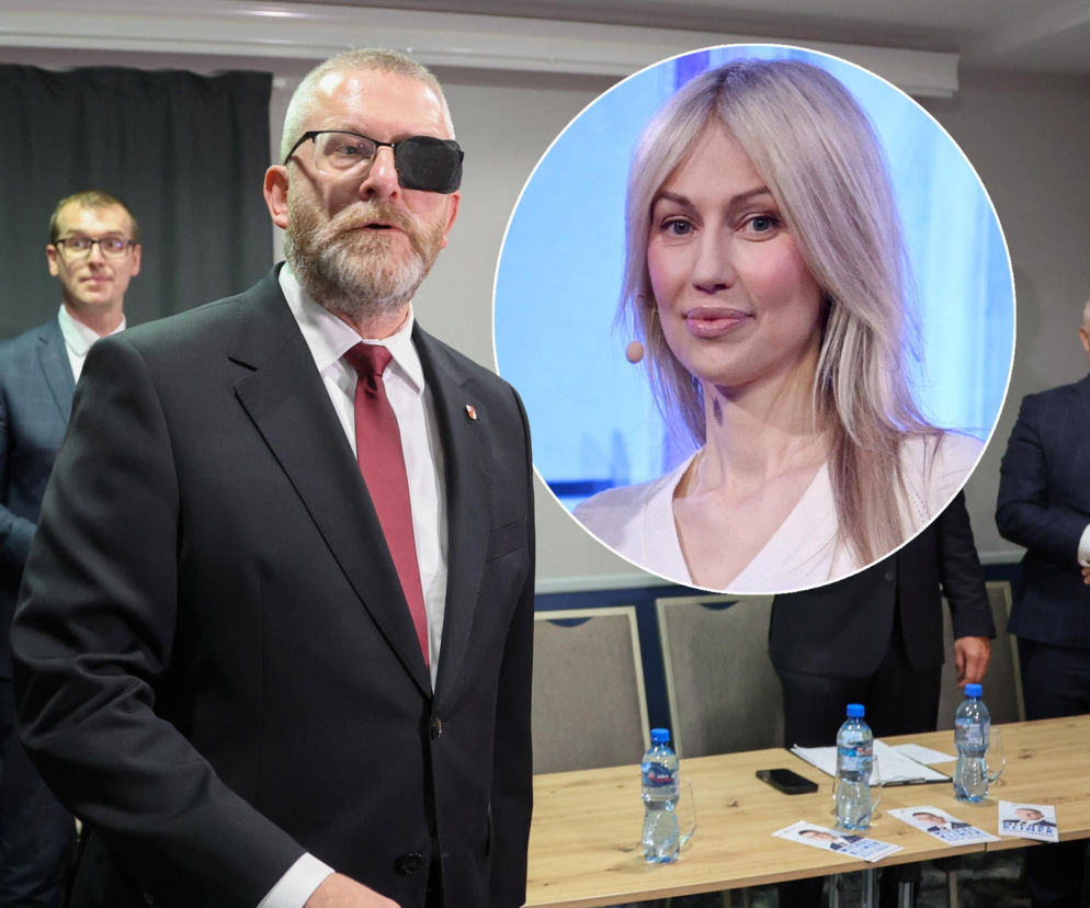 Grzegorz Braun w czarnym garniturze i opasce na oku. Na miniaturze Magdalena Ogórek. O jej planach przeczytasz w Eska.