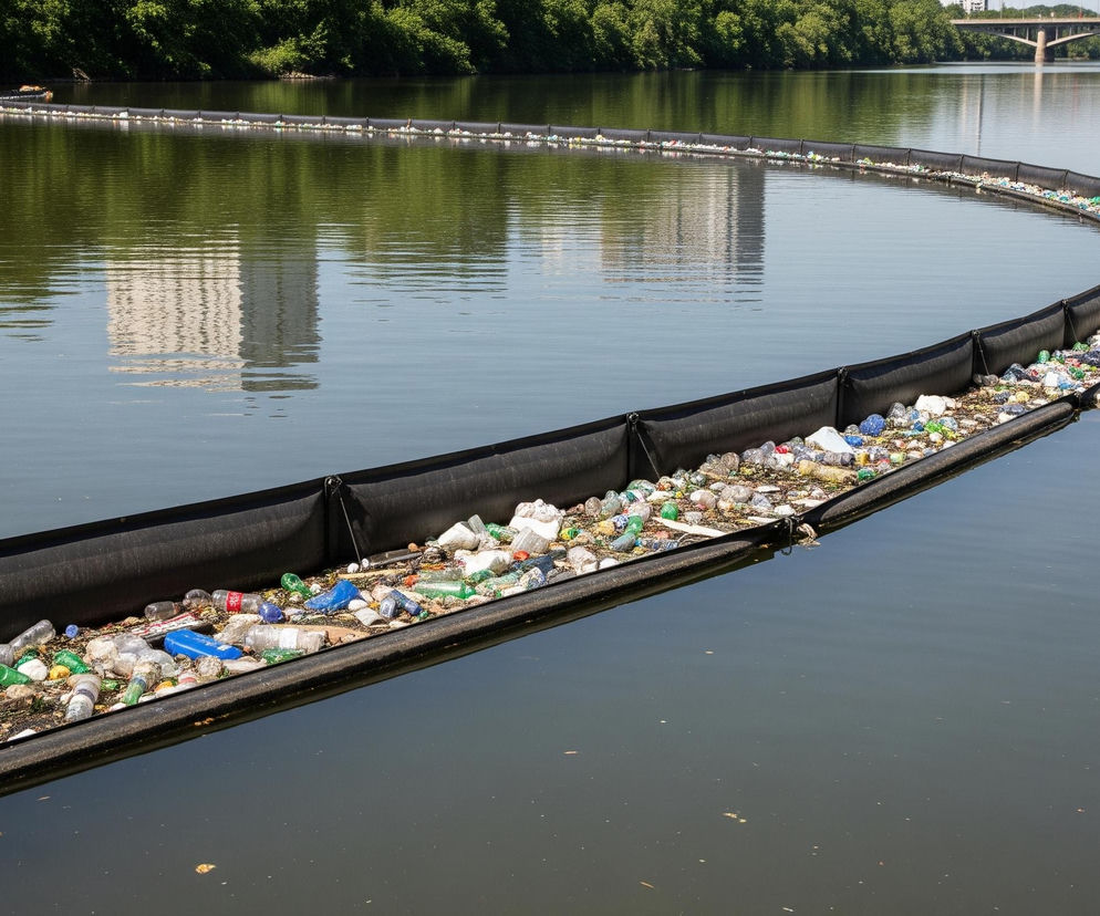 Czarny, zakrzywiony pływak, wypełniony różnorodnymi śmieciami, rozciąga się przez środek spokojnej, zielonkawej rzeki. Wśród zebranych odpadów dominują plastikowe butelki w różnych kolorach, butelki po napojach, opakowania i inne drobne elementy. W tle, po lewej stronie rzeki, widoczny jest zielony las, a po prawej, na horyzoncie, rozpościera się betonowy most o trzech łukach, wsparty na filarach. Odbicia wysokich budynków są widoczne na powierzchni wody, a całość oświetla jasne słońce, tworząc cienie na pływaku.