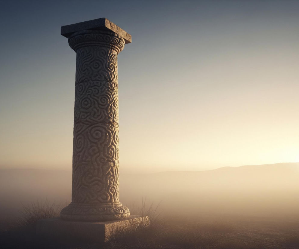 Wysoki kamienny słup, ozdobiony celtyckimi spiralami i wzorami przypominającymi pnącza, dominuje po lewej stronie kadru. Stoi na kwadratowej kamiennej podstawie, częściowo ukrytej w niskiej trawie, która porasta ciemną, piaszczystą lub błotnistą ziemię. Tło wypełnia gęsta, złota mgła, z której wyłaniają się zarysy odległych wzgórz, a na horyzoncie, nieco po prawej od środka, widoczne jest jasne, zachodzące słońce, rzucające ciepłe światło na scenerię.