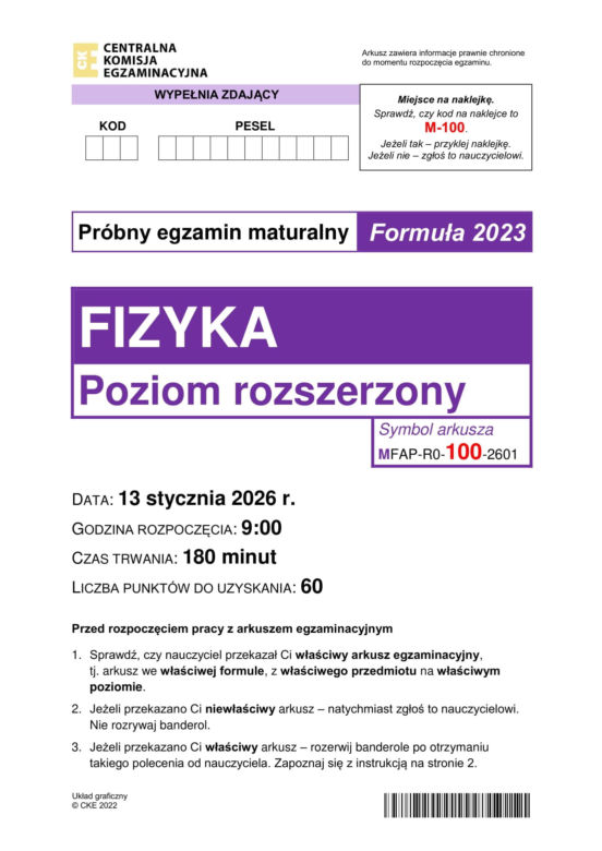 Matura próbna 2026: Fizyka rozszerzona - ARKUSZE CKE [13.01.2026]