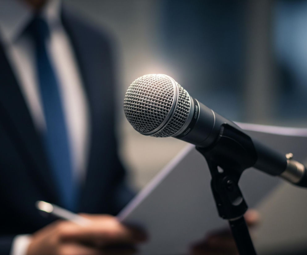 Centralny element to mikrofon z siateczkową osłoną, podświetlony jasnym, białym światłem z lewej strony, tworzącym refleksy. Mikrofon umieszczony jest na czarnym statywie, który częściowo wystaje z prawej dolnej części kadru. W tle, po lewej stronie, widać niewyraźną postać osoby ubranej w ciemny garnitur i niebieski krawat, trzymającą w dłoniach kilka białych kartek oraz długopis. Całość utrzymana jest w ciemnej tonacji z rozmyciem tła.