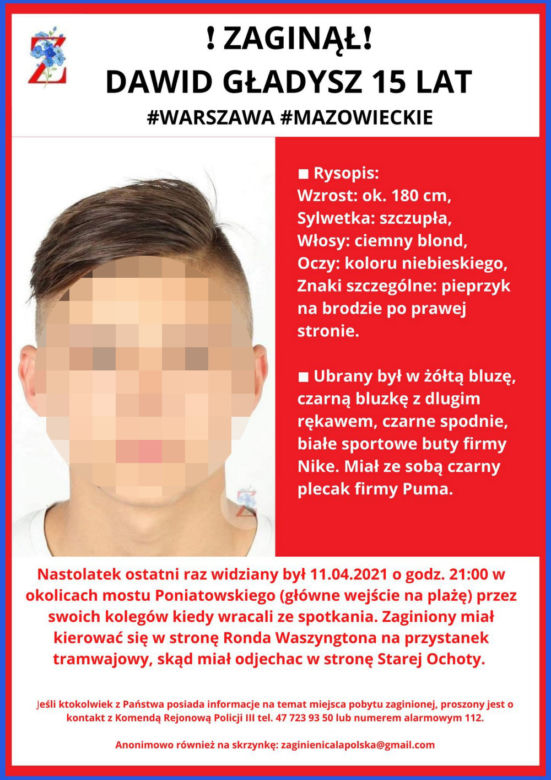 Zaginął 15-latek z Warszawy. Ostatni raz był widziany niedaleko Mostu Poniatowskiego