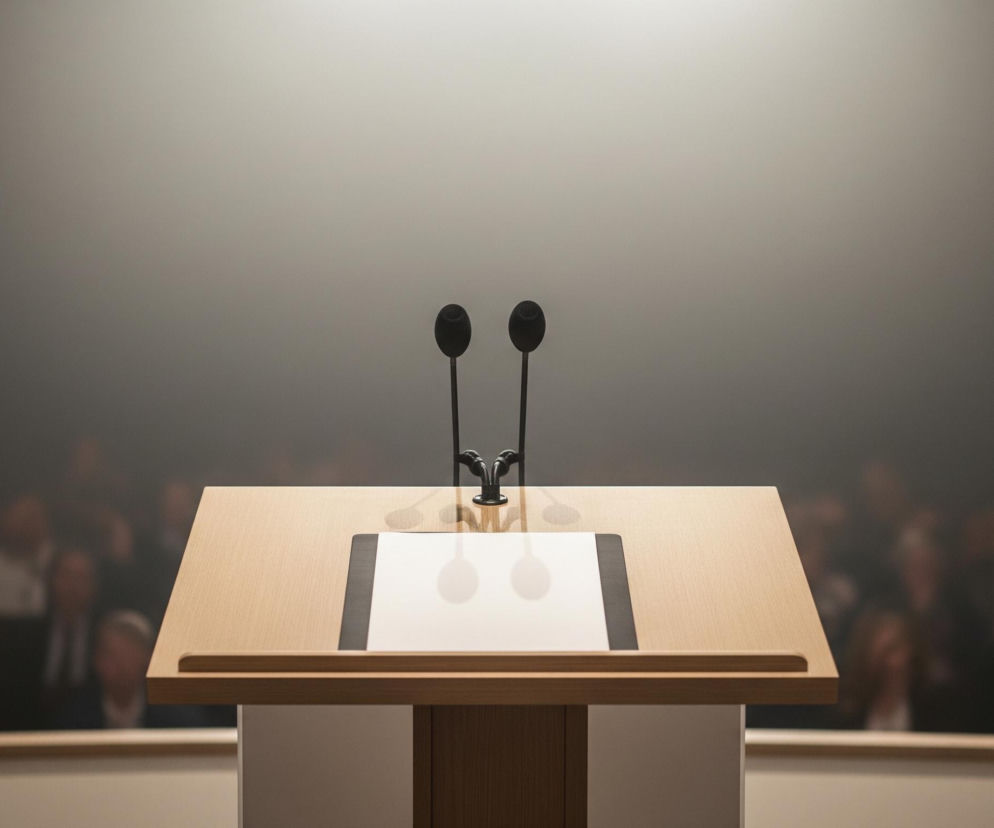 Centralnie, na pierwszym planie, stoi drewniane mównica w jasnym odcieniu brązu, z dwoma czarnymi mikrofonami na długich, smukłych ramionach skierowanymi w stronę widza. Na blacie mównicy leży biała kartka papieru, umieszczona na czarnej podkładce, a na niej odbijają się cienie mikrofonów. Tło jest rozmyte i ciemne, z pojedynczym, silnym snopem światła padającym z lewej górnej strony, rozjaśniającym górną część obrazu. Na głębokim tle widoczne są niewyraźne sylwetki ludzi, siedzących w rzędach.