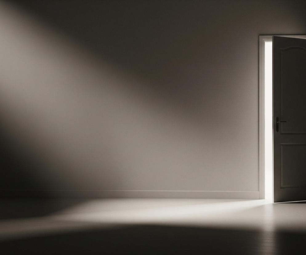 Ciemny pokój z drzwiami otwartymi na zewnątrz po prawej stronie. Promień światła wpada do pomieszczenia przez szczelinę między drzwiami a futryną, tworząc jasną smugę na podłodze. Dodatkowy, rozproszony snop światła pada z góry, z lewego górnego rogu, rozjaśniając część ściany i podłogi. Ściany i podłoga mają szarobrązowy odcień, a cienie są głębokie, tworząc kontrast.
