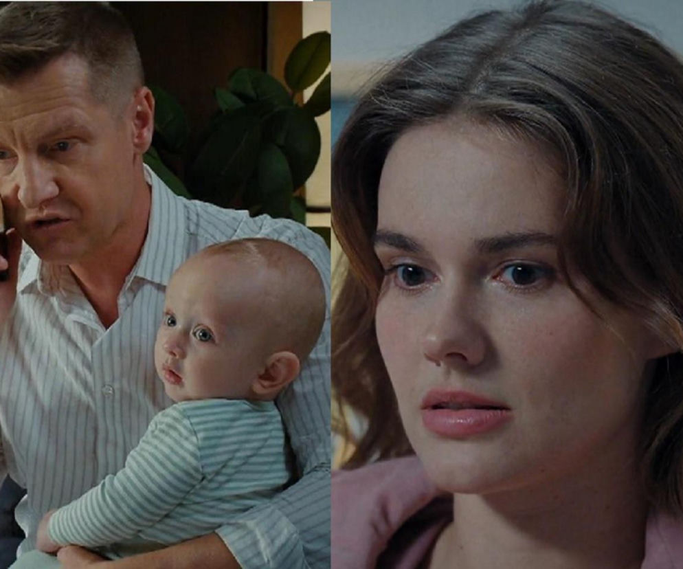 Paweł Zduński (Rafał Mroczek) rozmawia przez telefon, trzymając na rękach niemowlę, a obok jego żona, Franka Zduńska (Dominika Kachlik), z zatroskaną miną. Zdjęcie ilustruje odcinek M jak miłość, w którym rodzina ukrywa przed Pawłem pobyt Franki w szpitalu. Więcej o tym na Super Seriale.