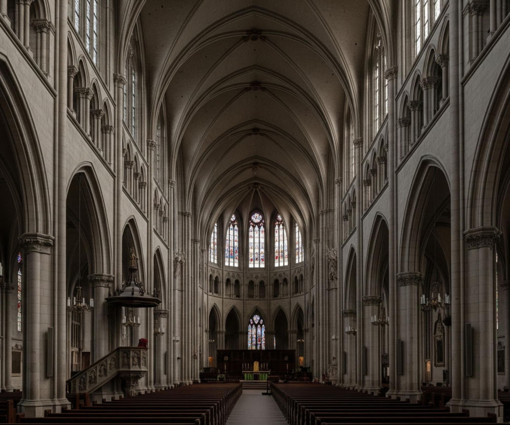Wnętrze gotyckiej katedry przedstawia długą nawę główną z rzędami drewnianych ławek, prowadzącą ku ołtarzowi. Wysokie, spiczaste łuki i kolumny dominują w architekturze, tworząc symetryczny układ. Wzdłuż ścian znajdują się liczne witraże, oświetlające przestrzeń kolorowym światłem, a na lewej stronie widać kazalnicę z baldachimem. Całość jest utrzymana w stonowanych barwach szarości i brązu, z jaśniejszymi akcentami z witraży.