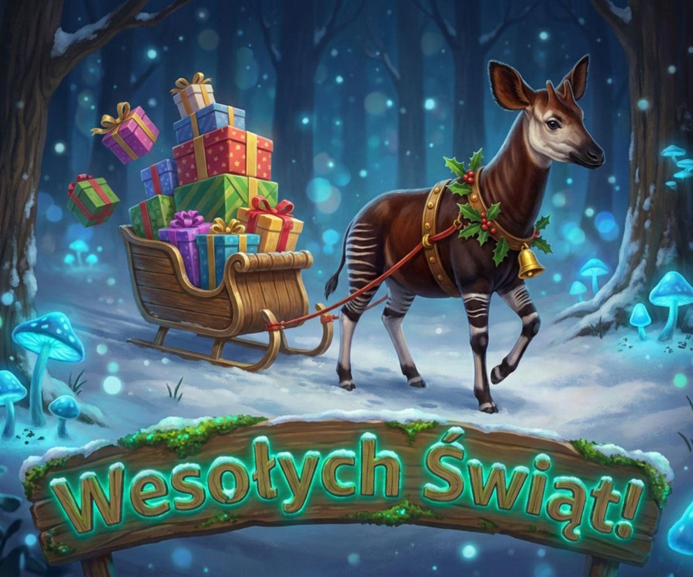 Baśniowy okapi z saniami pełnymi prezentów w lesie