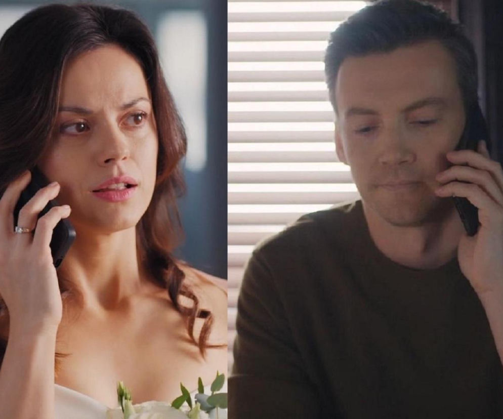 Kasia (Paulina Lasota) w sukni ślubnej i Jakub (Krzysztof Kwiatkowski) rozmawiający przez telefon. Na dłoni Kasi widoczny pierścionek, a w jej ręce bukiet ślubny. Ten moment, który wzbudza w niej wątpliwości przed ślubem z Mariuszem, można obejrzeć na stronie Super Seriale.