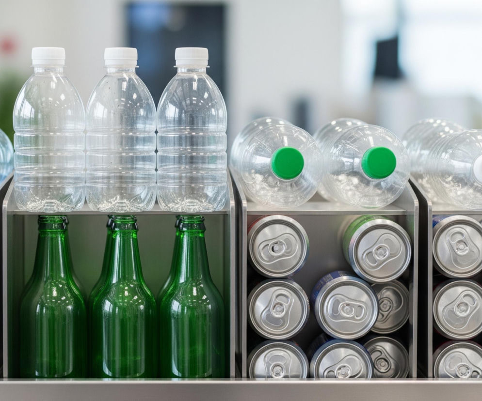 Na obrazie widoczne są puste opakowania po napojach, ułożone na trzech poziomach w specjalnych przegrodach. Na najwyższym poziomie po lewej stronie znajdują się przezroczyste plastikowe butelki z niebieskimi zakrętkami, ułożone zarówno pionowo, jak i poziomo; obok nich, na środku, stoją dwie przezroczyste plastikowe butelki z białymi zakrętkami. Po prawej stronie, na tym samym poziomie, leżą poziomo przezroczyste plastikowe butelki z zielonymi i białymi zakrętkami. Środkowy poziom, pod przezroczystymi butelkami, wypełniają zielone szklane butelki, ułożone pionowo. Na najniższym poziomie, po prawej stronie, ciasno ułożone są metalowe puszki w srebrnym kolorze z kolorowymi elementami, głównie zielonymi, czerwonymi i niebieskimi.