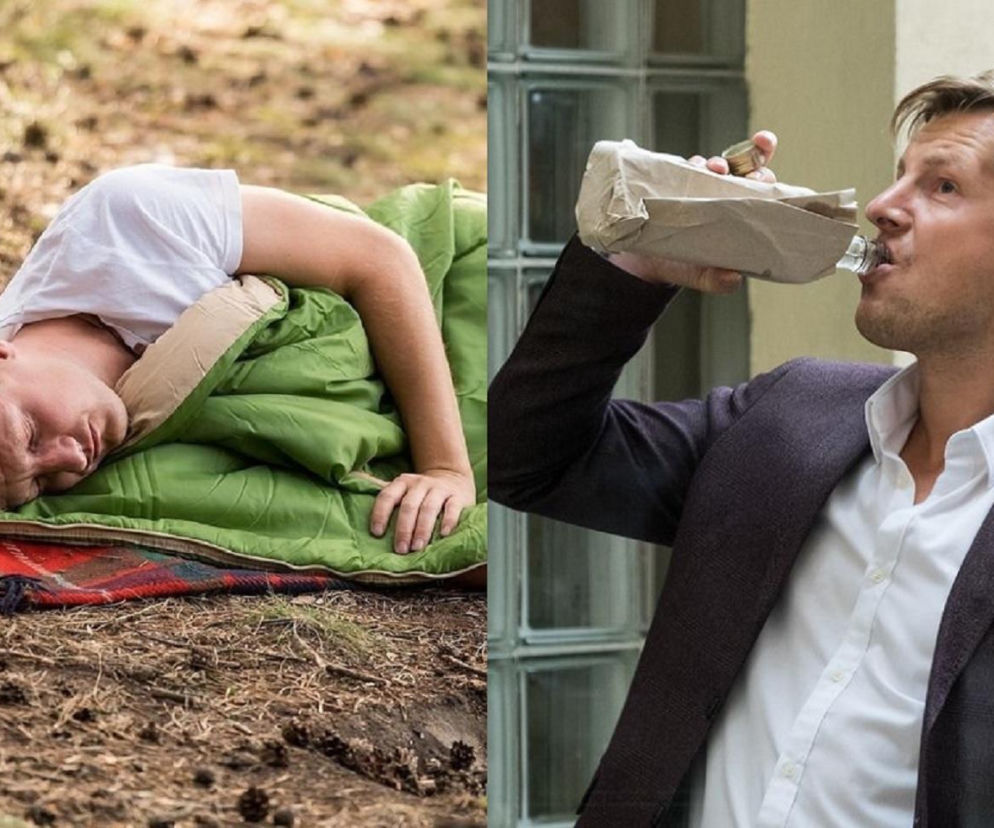 Kolaż z Pawłem (Rafał Mroczek) w dwóch odsłonach: śpiącym w śpiworze na leśnej ziemi oraz pijącym alkohol z butelki owiniętej w papier. Zdjęcia ilustrują jego rozpacz i ucieczkę po śmierci żony, o czym więcej można przeczytać na Super Seriale.