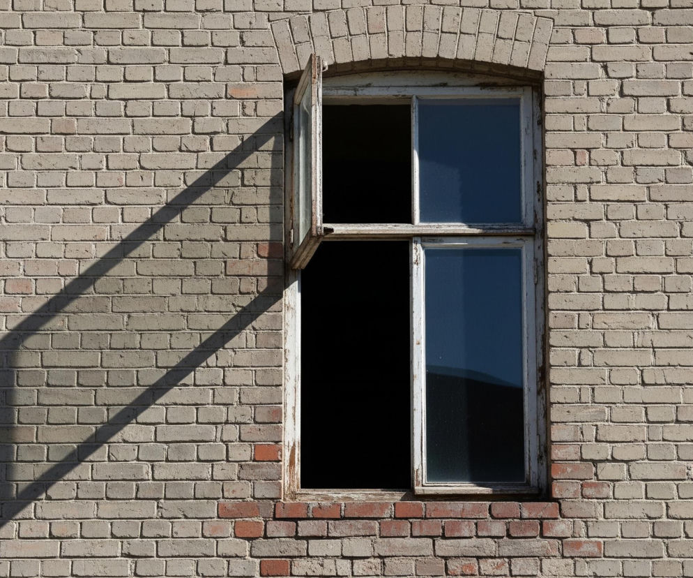 Na zdjęciu widoczna jest stara, prostokątna fasada z cegły o piaskowym kolorze. W centralnej części ściany znajduje się duże, dwuskrzydłowe okno w drewnianej ramie, z łukowatym nadprożem zbudowanym z cegieł. Górne lewe skrzydło okna jest otwarte na zewnątrz, podczas gdy reszta okna, w tym górne prawe i całe dolne skrzydło, jest zamknięta, ukazując brudne szyby z niebieskawymi refleksami. Na lewej części ściany, od górnego lewego narożnika otwartego skrzydła okna, rozciąga się długi, ukośny cień.