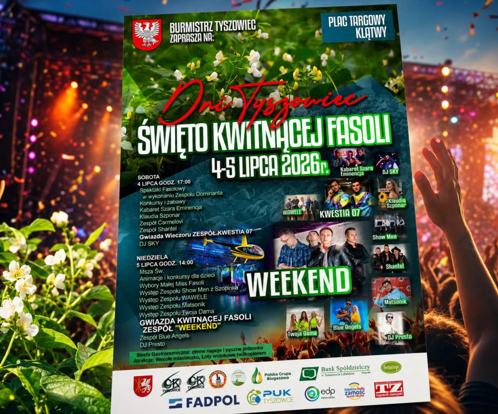 Plakat Dni Tyszowiec na tle tłumu pod sceną. O Święcie Kwitnącej Fasoli i koncercie Weekend przeczytasz na VOX FM.