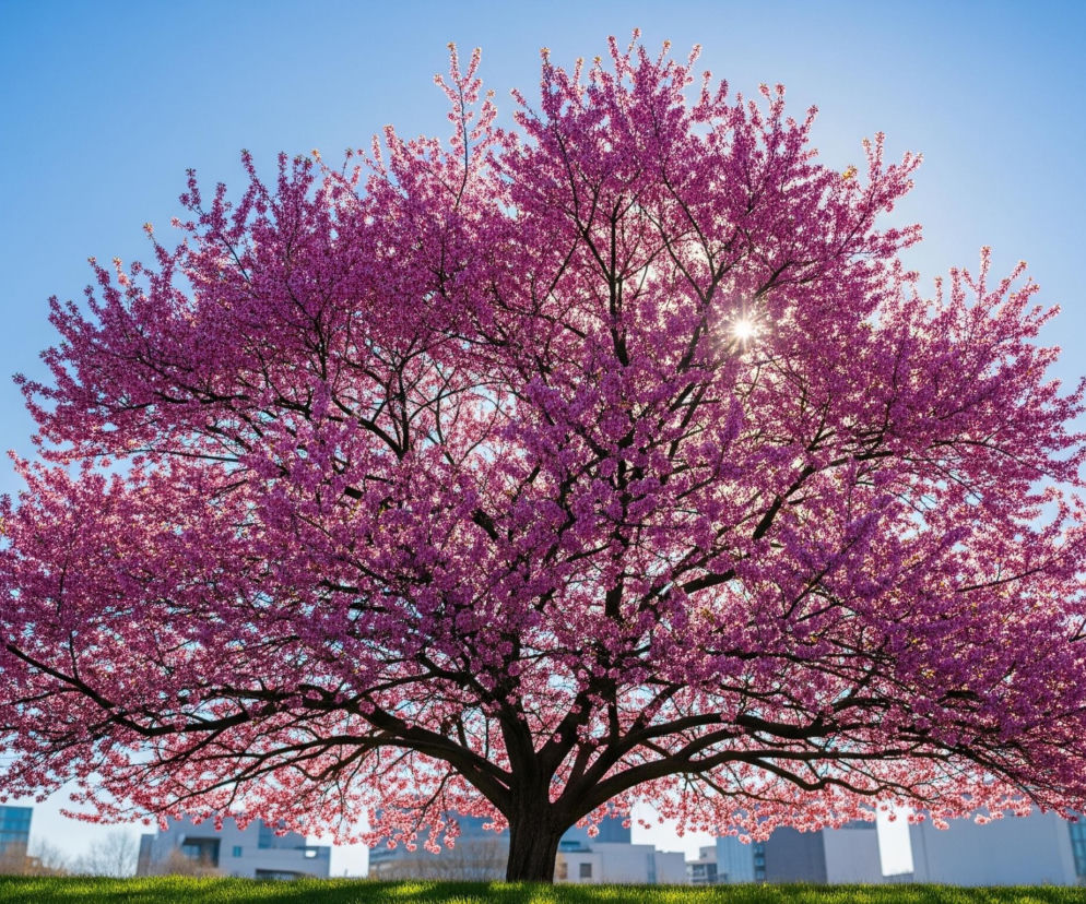 Centralnie dominuje szerokie drzewo z gęstą koroną, pokrytą intensywnie różowymi kwiatami, które mocno kontrastują z jasnym, błękitnym niebem. Przez gałęzie w górnej prawej części korony przebija słońce, tworząc promienisty blask. Drzewo stoi na zielonym trawiastym pagórku, za którym w tle widać kilka nowoczesnych budynków o prostej architekturze.