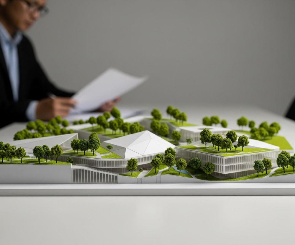 Na białym stole znajduje się miniatura budynku z zielonymi dachami i licznymi małymi drzewami. Model przedstawia kompleks budynków w kolorach bieli i jasnej zieleni, z geometrycznymi kształtami i częściowo przeszklonymi fasadami. W tle, niewyraźny mężczyzna w okularach, ubrany w granatową marynarkę i jasną koszulę, siedzi przy stole, trzymając w rękach dokumenty.