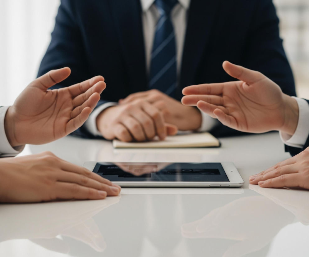 Trzy osoby w formalnych strojach siedzą przy białym stole. Dwie dłonie, z których jedna jest uniesiona i otwarta, a druga spoczywa na stole obok białego tabletu z ciemnym ekranem, należą do osoby siedzącej po lewej stronie. Po prawej stronie, również dwie dłonie, z których jedna jest uniesiona i otwarta w geście, a druga spoczywa na stole, obok tabletu. Osoba siedząca naprzeciwko ma złożone dłonie na stole, a obok nich leży otwarty notatnik. Wszystkie osoby noszą granatowe marynarki i białe koszule, a osoba naprzeciwko ma również granatowy krawat w paski. Tło jest jasne i rozmyte.