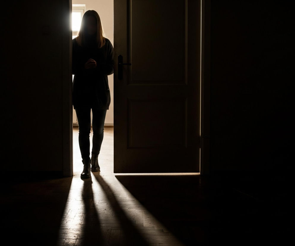 Sylwetka osoby stoi w ciemnym przejściu, patrząc wprost na widza. Postać jest całkowicie w cieniu, z włosami do ramion i rękami splecionymi na wysokości brzucha, a światło zza niej zarysowuje jej kontur. Za nią, przez otwarte drzwi, widać jasne, rozmyte światło wpadające z zewnątrz. Na podłodze przed postacią widoczne są długie cienie rzucane przez listwy drzwiowe i inne obiekty, z podłogą o fakturze drewna.