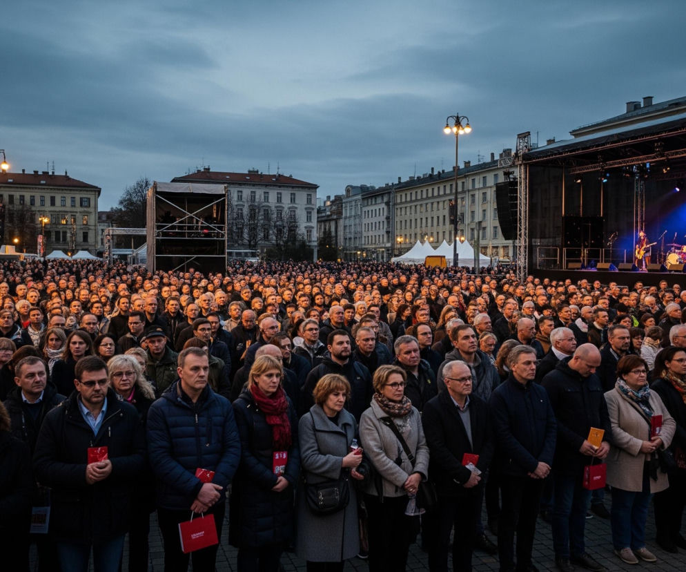 Duży tłum ludzi wypełnia szeroką przestrzeń miejską, z twarzami zwróconymi w stronę sceny widocznej po prawej stronie. Na scenie, oświetlonej niebieskim światłem, znajduje się zespół muzyczny z gitarzystami, perkusistą i sprzętem nagłośnieniowym. W tle, za sceną i tłumem, widać liczne budynki o architekturze miejskiej, a także latarnie uliczne, które emitują ciepłe, żółte światło. Niebo jest pochmurne i szare, a na horyzoncie zarysowuje się wieczorny zmierzch.