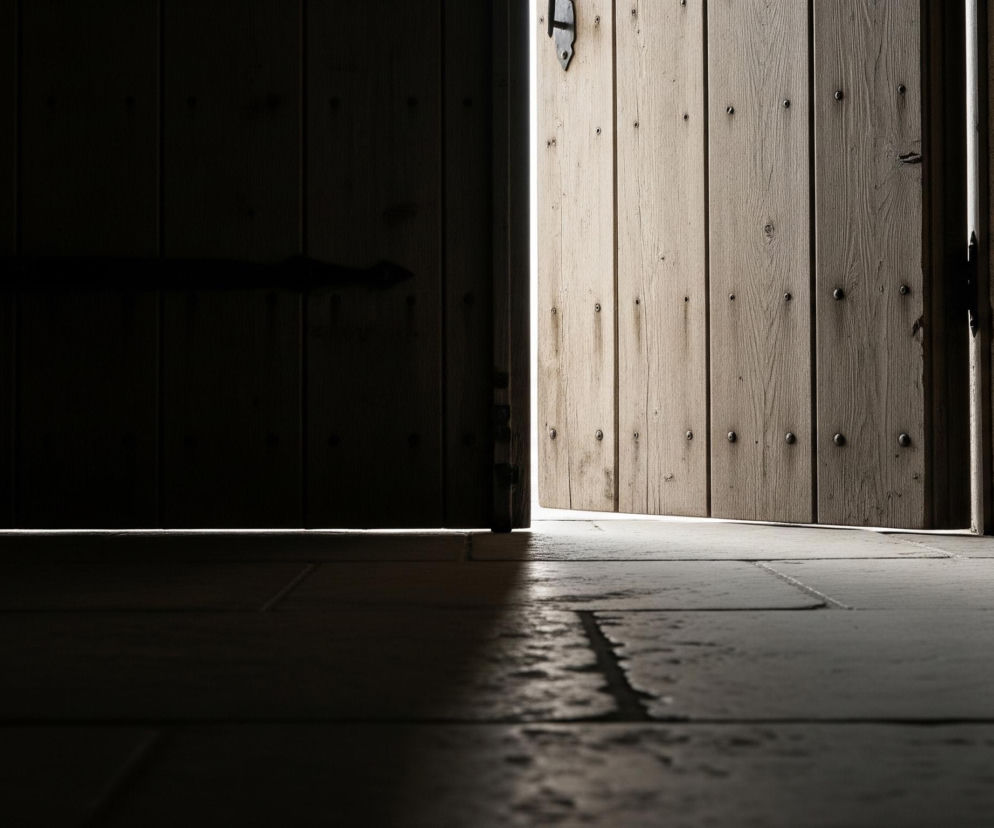 Niskie ujęcie przedstawia otwarte drewniane drzwi z widocznym słabym światłem wpadającym przez szczelinę. Lewa strona obrazu to ciemna ściana i fragment drzwi, z wyraźnym czarnym okuciem zawiasu. Prawa strona ukazuje wewnętrzną stronę drzwi zbudowanych z pionowych desek, z licznymi okrągłymi nitami i uchwytem na górze. W oddali, za drzwiami, widać jasny obszar, a na dole podłogę z dużych, prostokątnych, kamiennych płytek.