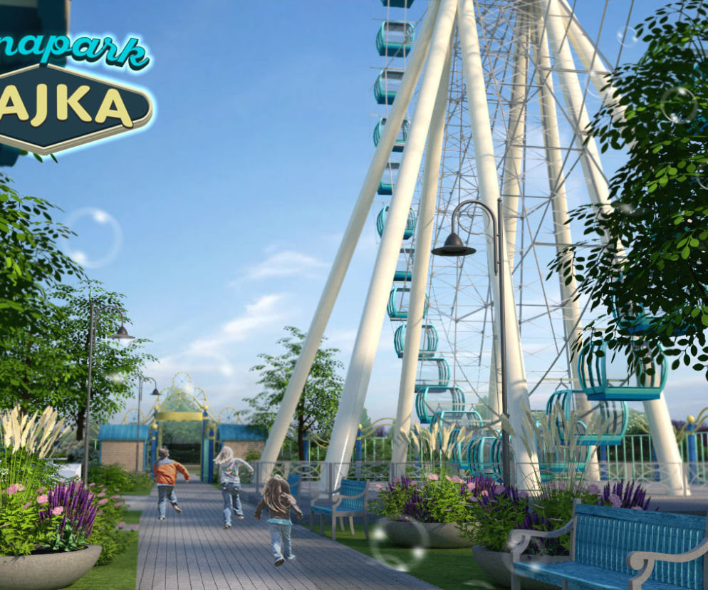Giżycko: Na plaży miejskiej powstanie lunapark z ogromnym kołem widokowym [WIZUALIZACJE]