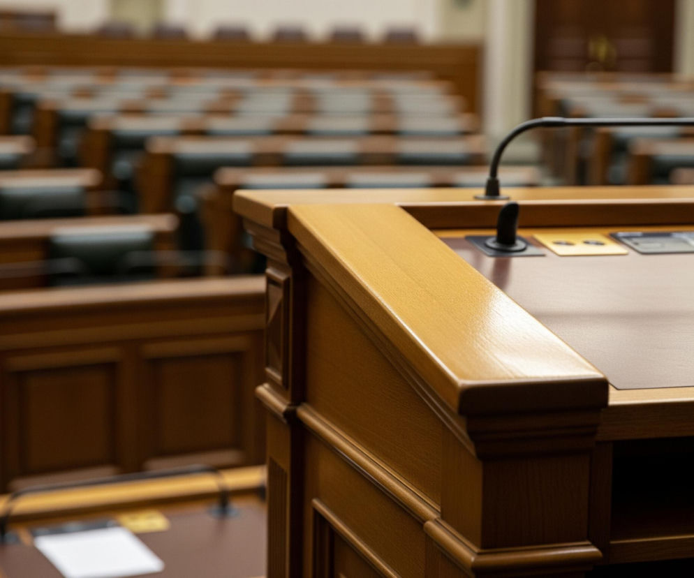 Fragment sali konferencyjnej lub wykładowej, z rzędem pustych, drewnianych stołów i krzeseł w tle, częściowo rozmazanych. Na pierwszym planie, ostro zarysowany, znajduje się ciemnożółty, drewniany pulpit, z czarnym mikrofonem na giętkim ramieniu. Pulpit ma wbudowany ciemnobrązowy blat, na którym leżą żółte i szare prostokątne elementy.