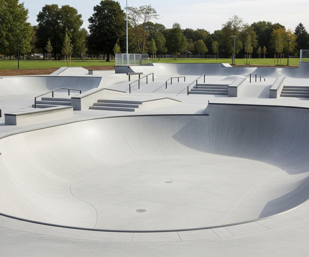Nowoczesny skatepark wykonany z jasnoszarego betonu zajmuje centrum kadru, prezentując różnorodne rampy, schody, poręcze i baseny. Głęboka, falista niecka z zakrzywionymi krawędziami dominuje na pierwszym planie, z metalową rurką biegnącą wzdłuż jej górnej krawędzi. W tle widoczne są liczne drzewa o gęstych, zielonych koronach, tworzące zielone tło na tle jasnego nieba. Na trawiastym terenie za skateparkiem dostrzec można również pojedyncze słupy oświetleniowe i elementy ogrodzenia.