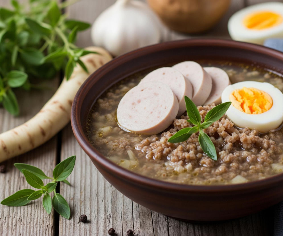 Brązowa gliniana miska wypełniona zupą znajduje się na pierwszym planie, centralnie na drewnianym stole. W zupie, o brązowo-szarej konsystencji z widocznymi kawałkami ziemniaków, pływają trzy plasterki jasnoróżowej kiełbasy i połówka ugotowanego jajka z żółto-pomarańczowym żółtkiem. Potrawę dekoruje świeża zielona gałązka zioła. Obok miski, po prawej stronie, leży na ciemnoniebieskiej serwetce srebrna łyżka, a po lewej widoczny jest długi, białawy korzeń chrzanu, częściowo zakryty zielonymi liśćmi zioła oraz rozsypane ziarna pieprzu. W tle, częściowo rozmazane, widać kolejną połówkę jajka oraz główkę czosnku i brązową miseczkę.
