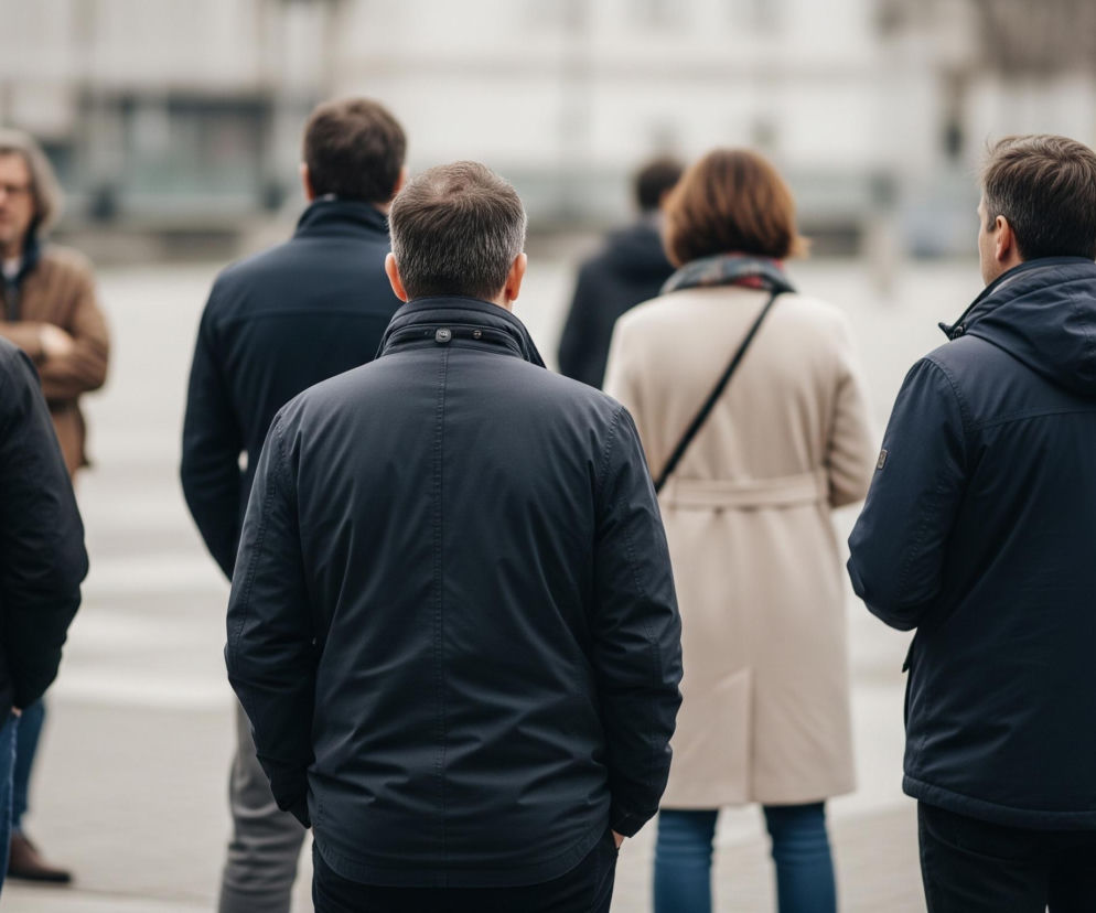 Grupa ludzi stoi na zewnątrz, większość z nich jest skierowana tyłem do obserwatora. W centrum kadru znajduje się mężczyzna z krótkimi, ciemnymi włosami, ubrany w granatową kurtkę, odwrócony plecami. Po jego lewej stronie, bliżej krawędzi kadru, widoczna jest głowa i część pleców łysiejącego mężczyzny w czarnej kurtce. Na dalszym planie, po prawej stronie centralnego mężczyzny, stoi kobieta z kasztanowymi włosami, ubrana w beżowy płaszcz i kolorowy szal, również odwrócona plecami. Po lewej stronie, na drugim planie, widać mężczyznę z długimi, kręconymi włosami i okularami, ubranego w brązową kurtkę, który jako jedyny jest zwrócony przodem do obserwatora, z rękami skrzyżowanymi na piersi. Pozostali ludzie na zdjęciu są rozmyci i widoczni jedynie jako sylwetki w tle.