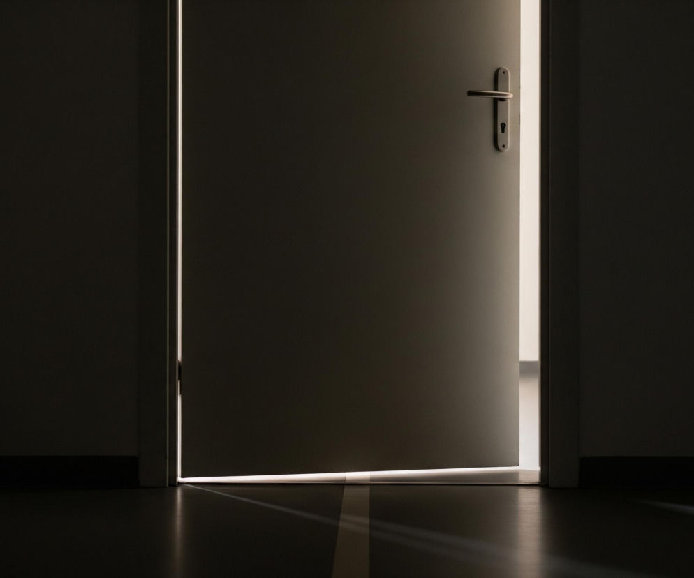 Centralnie znajduje się uchylone, ciemnoszare skrzydło drzwi, rzucające smugę światła na podłogę po lewej stronie i tworzące pionową szczelinę jasnego światła wzdłuż lewej krawędzi. Po prawej stronie drzwi widoczna jest srebrna klamka z kluczem w zamku, a za nimi rozpościera się jasne, nieokreślone wnętrze. Reszta pomieszczenia, w którym znajduje się obserwator, jest pogrążona w ciemności, jedynie przy podłodze widoczny jest czarny pasek listwy przypodłogowej. Na ciemnej podłodze rozciągają się promienie światła wpadające spod drzwi, przecinające jasną, poziomą linię.