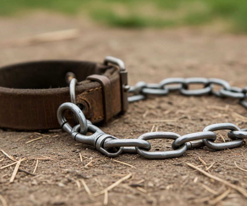 Na pierwszym planie leży skórzana obroża koloru brązowego, połączona z metalowym łańcuchem. Obroża jest dość gruba, z widocznymi szwami i metalowymi elementami, takimi jak klamra i D-ring. Łańcuch, składający się z owalnych ogniw o srebrzystym odcieniu, rozciąga się w prawo, leżąc na ziemi. Tło stanowi rozmyta powierzchnia ziemi w odcieniach beżu i brązu, z pojedynczymi suchymi źdźbłami trawy lub słomy, a dalej, w górnej części obrazu, widoczny jest rozmyty zielony obszar, prawdopodobnie trawa.