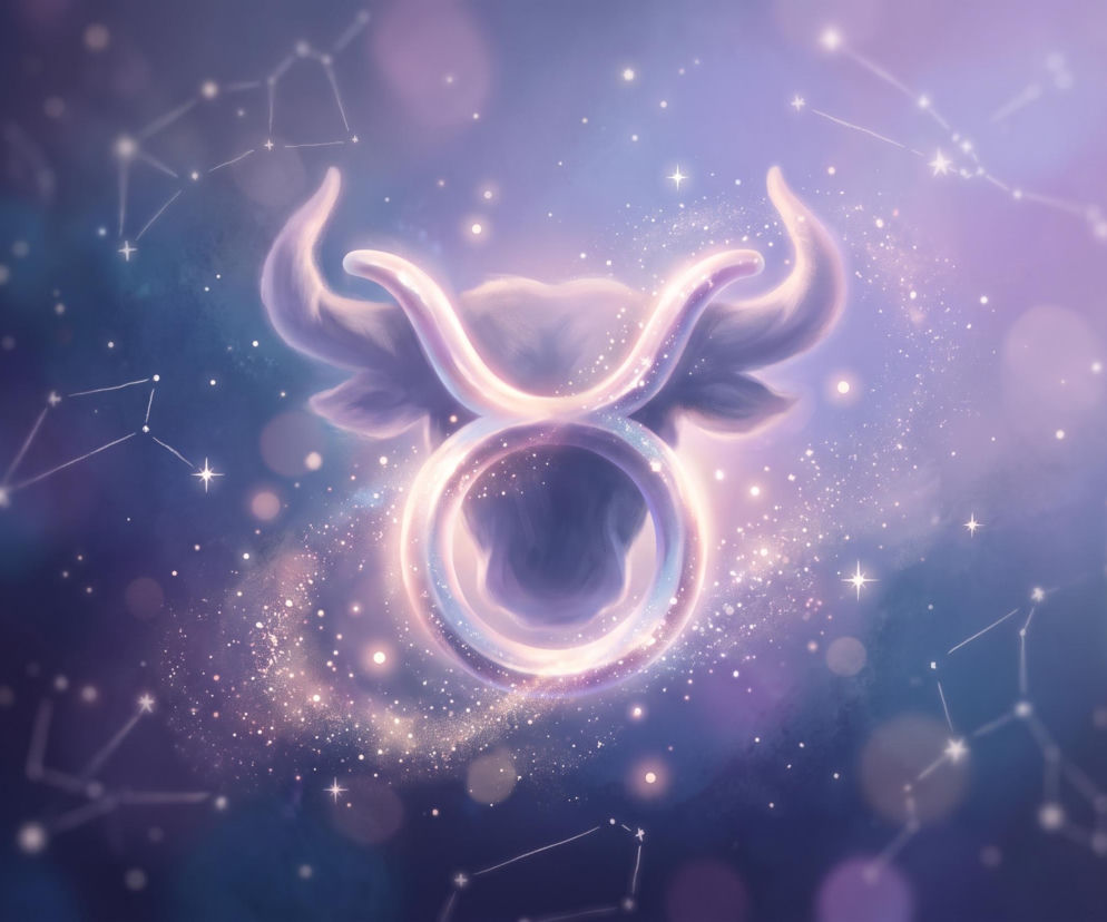 Świecący symbol zodiakalnego Byka na tle gwieździstego nieba. O horoskopie dla Byka przeczytasz w Eska.