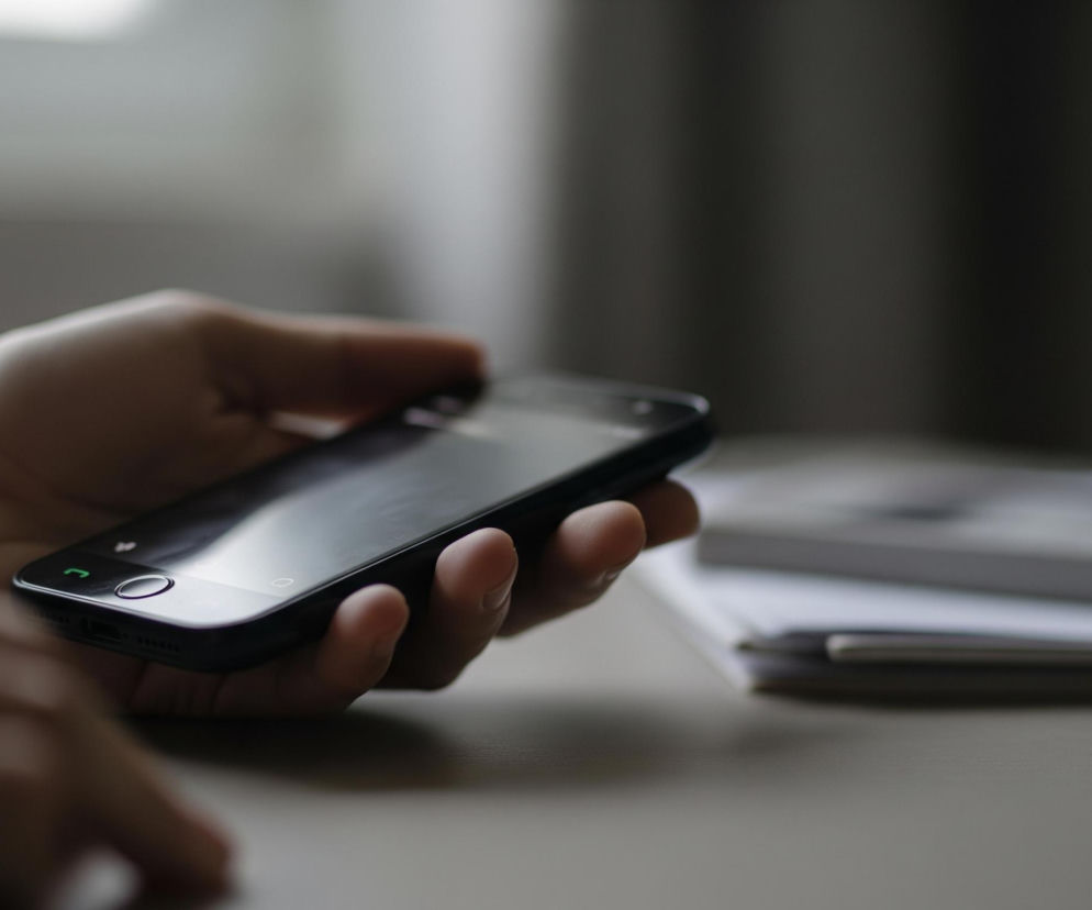Lewa dłoń trzyma czarny smartfon skierowany ekranem ku górze, dominując centralną część obrazu. Palce dłoni są lekko zgięte, obejmując boki telefonu. Na dolnej krawędzi ekranu smartfona widoczny jest okrągły przycisk dotykowy z obramowaniem oraz zielona ikona, natomiast górna część ekranu odbija światło, ukazując tylko częściowo interfejs. W prawym dolnym rogu ekranu widoczny jest jeden mały symbol. Prawa część obrazu jest rozmyta, ukazując stos kartek lub dokumentów leżących na jasnym blacie. Tło jest niewyraźne, z jasnym pasem u góry, prawdopodobnie przedstawiającym okno, oraz ciemniejszym obszarem po prawej stronie.