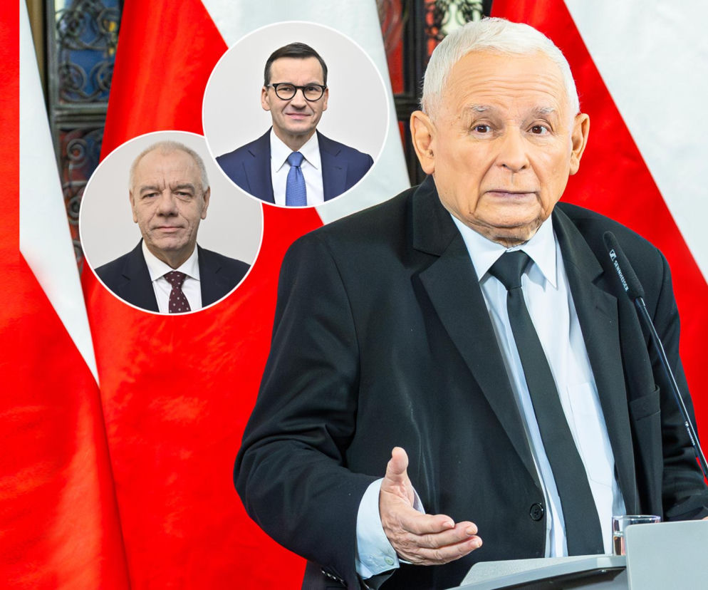 Jarosław Kaczyński przemawia. Na miniaturach obok Mateusz Morawiecki i Jacek Sasin. O dyscyplinie w PiS przeczytasz w Eska.