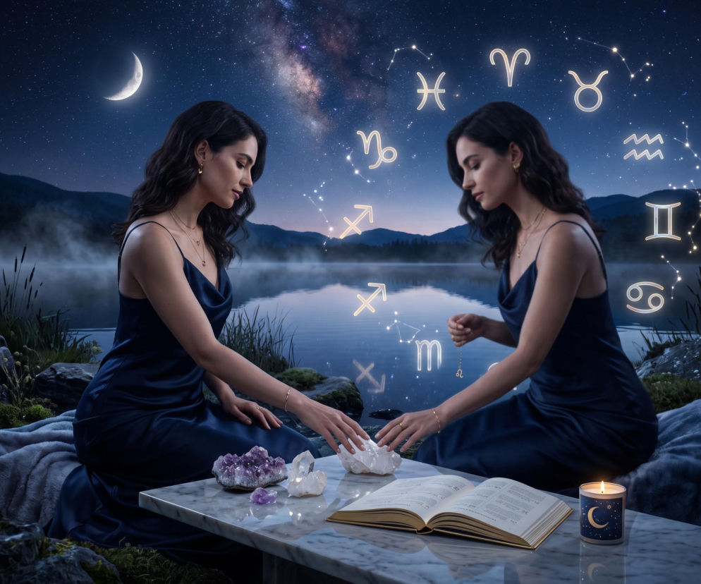 Dwie kobiety przy stole z kryształami i księgą pod nocnym niebem pełnym znaków zodiaku. O horoskopie przeczytasz na SE.