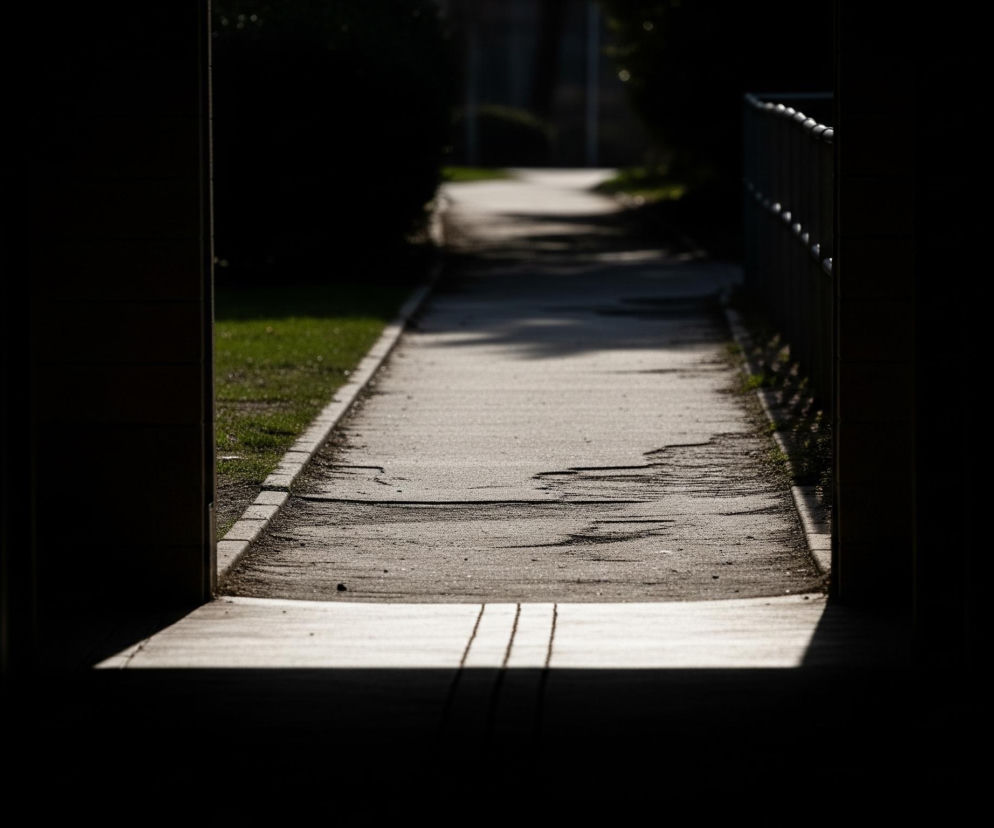 Piaszczysta, betonowa ścieżka biegnie prosto przez środek kadru, widoczna w świetle słonecznym, kontrastując z ciemnymi, zacienionymi bokami. Po lewej stronie ścieżki znajduje się pas zielonej trawy, a po prawej niski, ciemny płot z jaśniejszymi elementami u góry. W tle widoczne są niewyraźne, ciemne kształty drzew i krzewów, a także fragmenty innych, słabo oświetlonych ścieżek lub budynków. Światło słoneczne podkreśla nierówności i pęknięcia na powierzchni ścieżki, a u dołu kadru widoczne są wyraźne cienie rzucane przez konstrukcję bramy lub przejścia, z której perspektywy wykonano zdjęcie.