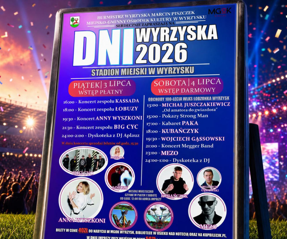 Plakat Dni Wyrzyska 2026 na tle tłumu pod sceną. O szczegółach koncertów zespołu Łobuzy przeczytasz na VOX FM.