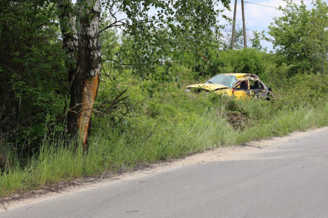 Rozbity żółty ford w gęstych krzakach przy drzewie z obdartą korą obok asfaltowej drogi, ilustrujący wypadek pijanego kierowcy w Jastrzębiu, o którym przeczytasz więcej na naszym portalu.