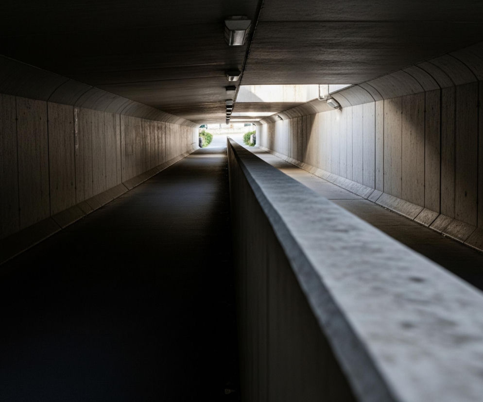 Długi, betonowy tunel dla pieszych, oświetlony naturalnym światłem z końca. Ściany tunelu, widoczne po obu stronach, są wykonane z paneli betonowych o ciemniejszym, zabrudzonym wyglądzie w bliższych partiach i jaśniejących ku dalekiemu końcowi. Na suficie tunelu, biegnąc wzdłuż lewej strony, zamontowane są prostokątne, srebrne lampy. Po prawej stronie tunelu znajduje się niski, betonowy murek z poręczą, który oddziela ścieżkę od niewidocznego obszaru po prawej. Na końcu tunelu widać zieleń krzewów i elementy architektoniczne, silnie rozświetlone przez słońce, tworzące wyraźny kontrast z ciemnym wnętrzem.